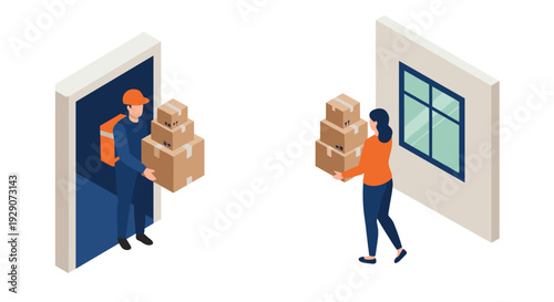 delivery service person handing over packages to recipient flat isometric illustration
