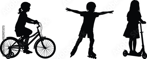 Silhouettes of children riding bicycle inline skating and using kick scooter isolated on white background for kids summer sports activity