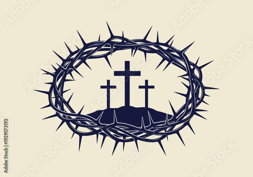 Easter symbol with three crosses in a crown of thorns on beige background