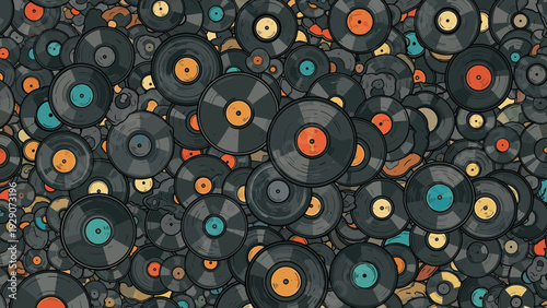 Dense abstract background pattern consists of many overlapping vintage vinyl records in different sizes and colors for music lovers.