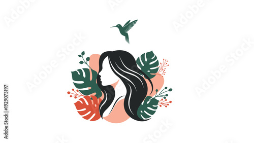 Artistic profile of a woman with long flowing hair is surrounded by tropical monstera leaves, pink shapes, and a flying hummingbird.