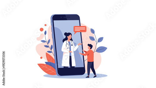 Concept of telemedicine and online medical consultation shows a doctor on a smartphone screen interacting with a young boy patient.