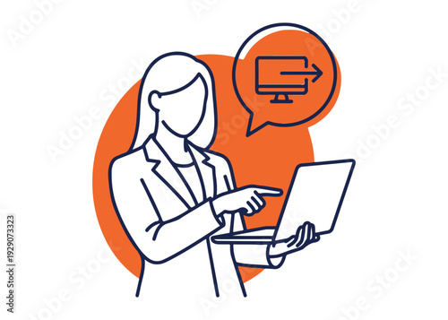 Businesswoman pointing at laptop screen with outgoing arrow icon symbol