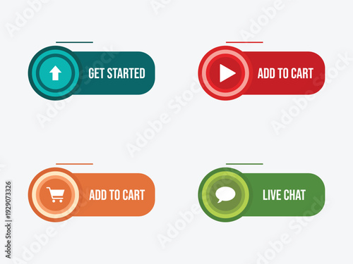 Modern Web Button Set with Get Started, Add to Cart, and Live Chat Icons