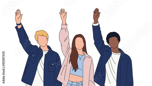 Three diverse young people in denim jackets stand together with their arms raised high to show unity and social activism.