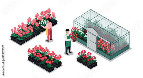 people planting and tending flowers in pots and greenhouse isometric illustration set