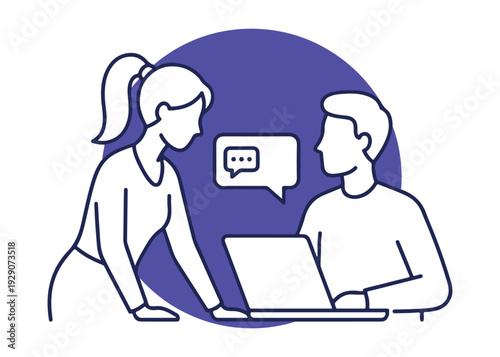 Colleagues communicate about project using laptop and chat bubble