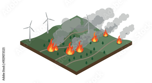 isometric illustration of forest fire with smoke and wind turbines in green landscape environmental concept