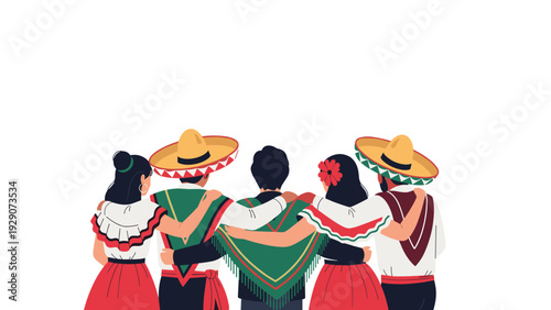 Rear view of people in traditional Mexican clothing including sombreros and ponchos standing together in unity.