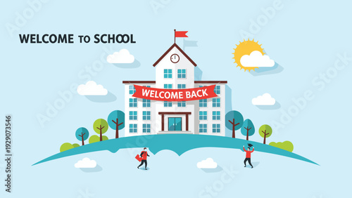 School building illustration with a welcome back banner and students running on a green hill under a sunny sky.