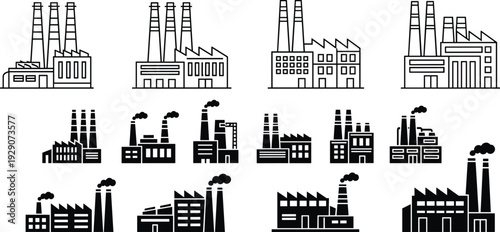 Industrial factory building icons set with chimney smoke and warehouse architecture in black silhouette and line art style for manufacturing