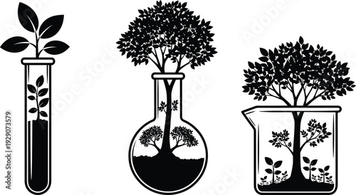 Plant growth and tree ecosystem inside laboratory glassware, sustainability science concept illustration, environmental research symbolism, minimal black vector design isolated