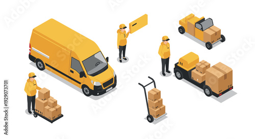 isometric delivery service elements with yellow van workers and packages set in hand drawn style
