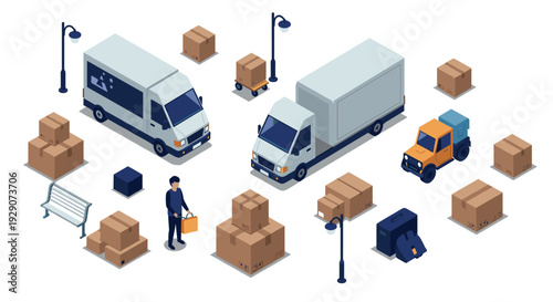 isometric delivery trucks cars person and various cardboard boxes hand drawn style shipping and logistics elements