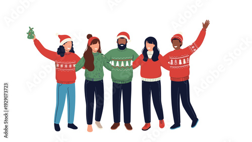 Diverse group of friends wearing festive christmas sweaters and santa hats standing together in holiday celebration.