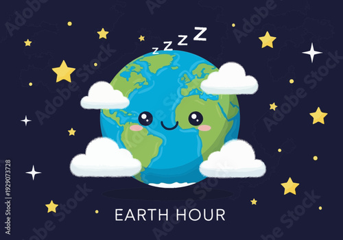 A smiling cartoon earth sleeping peacefully under starry night sky for earth hour