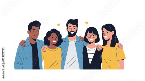 Group of five diverse young friends standing together with arms around each other and small hearts above them.