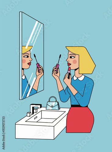 Woman Applying Makeup in the Mirror
