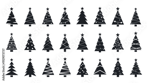 Collection of twenty four different minimalist black christmas tree icons with stars on top on a white background.