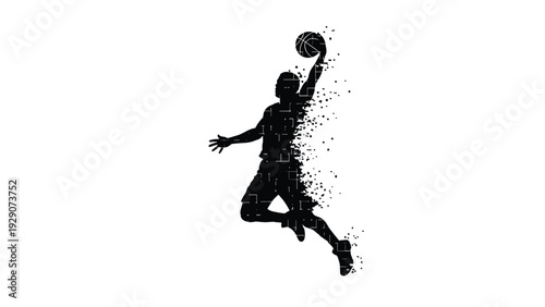 Black silhouette of a basketball player jumping for a dunk with a pixelated disintegration effect on white background.