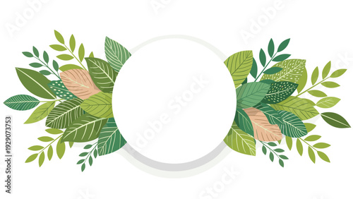 Blank white circular frame decorated with a variety of green and pink leaves for natural nature themed designs.