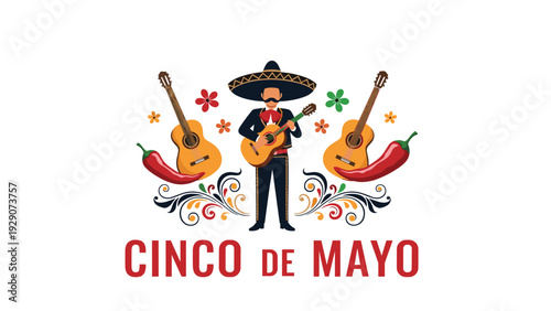Cinco de mayo celebration design with a mariachi musician, acoustic guitars, colorful flowers, and red chili peppers.
