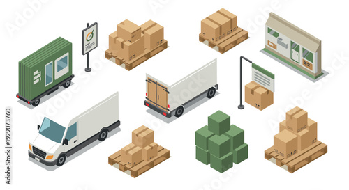 isometric delivery truck cargo boxes pallets warehouse building set collection