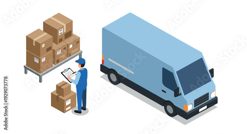 delivery worker with clipboard checking stacked cardboard boxes next to blue cargo van isometric illustration