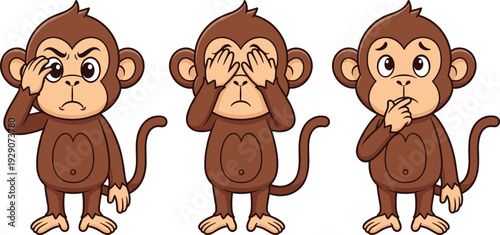 Three wise monkeys cartoon characters representing hear no evil see no evil speak no evil isolated on white background vector