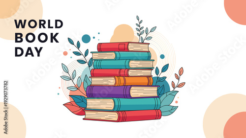 World book day poster with a stack of colorful books surrounded by delicate branches and leaves on abstract background.