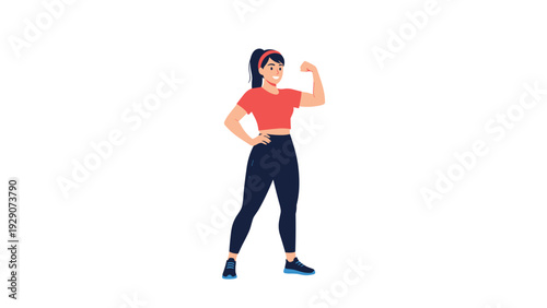 Strong and fit woman in a red crop top and black leggings flexing her biceps against a minimalist white background.