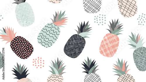 Seamless pattern of textured and patterned pineapples in a soft pastel color palette on a clean white background.