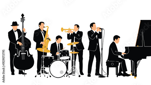 Silhouettes of a jazz band including a bassist, saxophonist, drummer, trumpeter, singer, and pianist on white background.