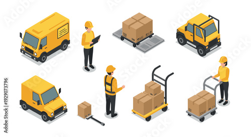 isometric delivery and warehouse workers with trucks hand trucks and boxes set