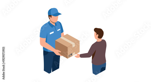delivery man handing over cardboard package to customer flat vector illustration