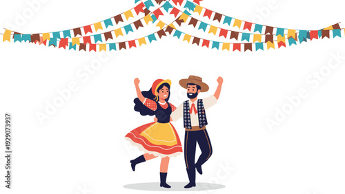 Happy couple dancing in traditional costumes during a Brazilian Festa Junina celebration under festive colorful bunting.