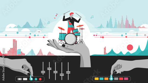 Abstract music production concept with a drummer performing on a giant hand above an audio mixing board with wave forms.