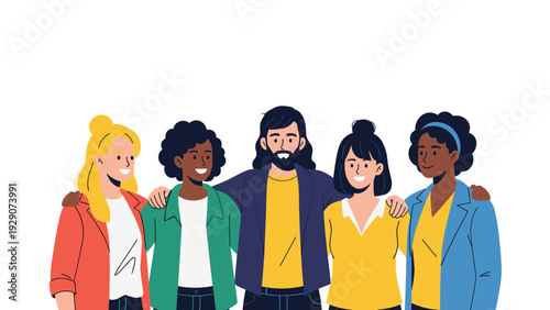 Group of five diverse and stylish young friends standing together and hugging for a community or teamwork portrait.