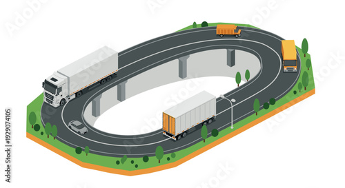 isometric highway loop overpass with trucks cars and greenery vector illustration