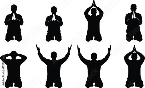 Set of Muslim Man Praying Silhouettes in Different Islamic Prayer Poses Isolated on White Background Religious Worship Vector Collection