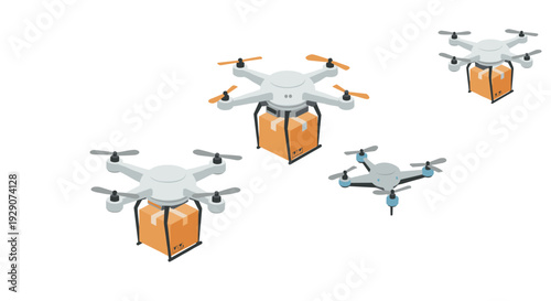 set of four delivery drones carrying packages isometric illustration
