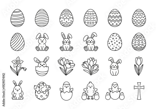 Easter themed coloring page with eggs and bunnies