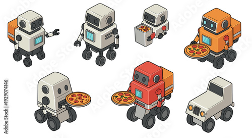 collection of hand drawn delivery robots and autonomous vehicle holding pizzas in isometric cartoon style