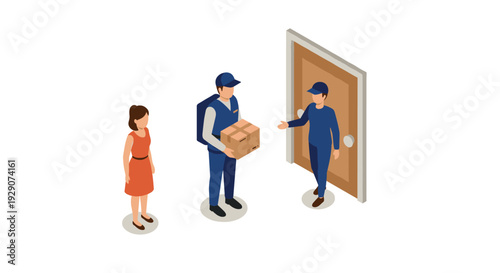 isometric delivery man handing package to customer at door with woman standing vector illustration
