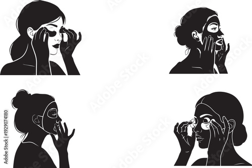 women spa relaxation silhouettes set, solid black vector collection