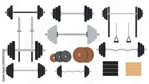 collection of hand drawn weightlifting barbells and plates gym equipment icons