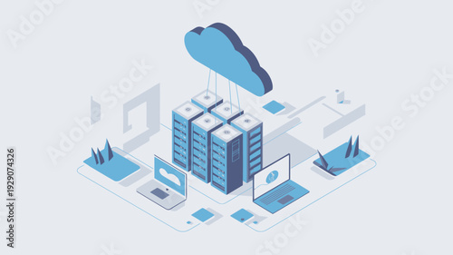An isometric illustration of a cloud computing system with servers and devices connected to the internet