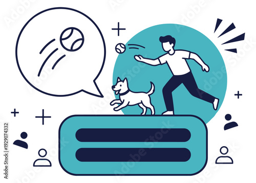 Man playing fetch with dog outdoors, happy pet running with ball