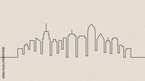 A minimalist line drawing of a city skyline with sleek skyscrapers and modern architecture on a beige background
