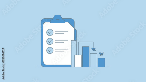 A clipboard with a checklist and bar graph on a light blue background for business and productivity
